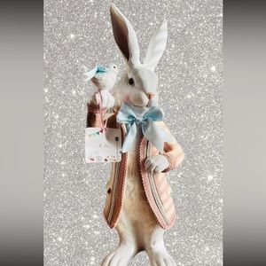 Dapper Victorian Easter Bunny in Coat Holding bird easter decor NWT